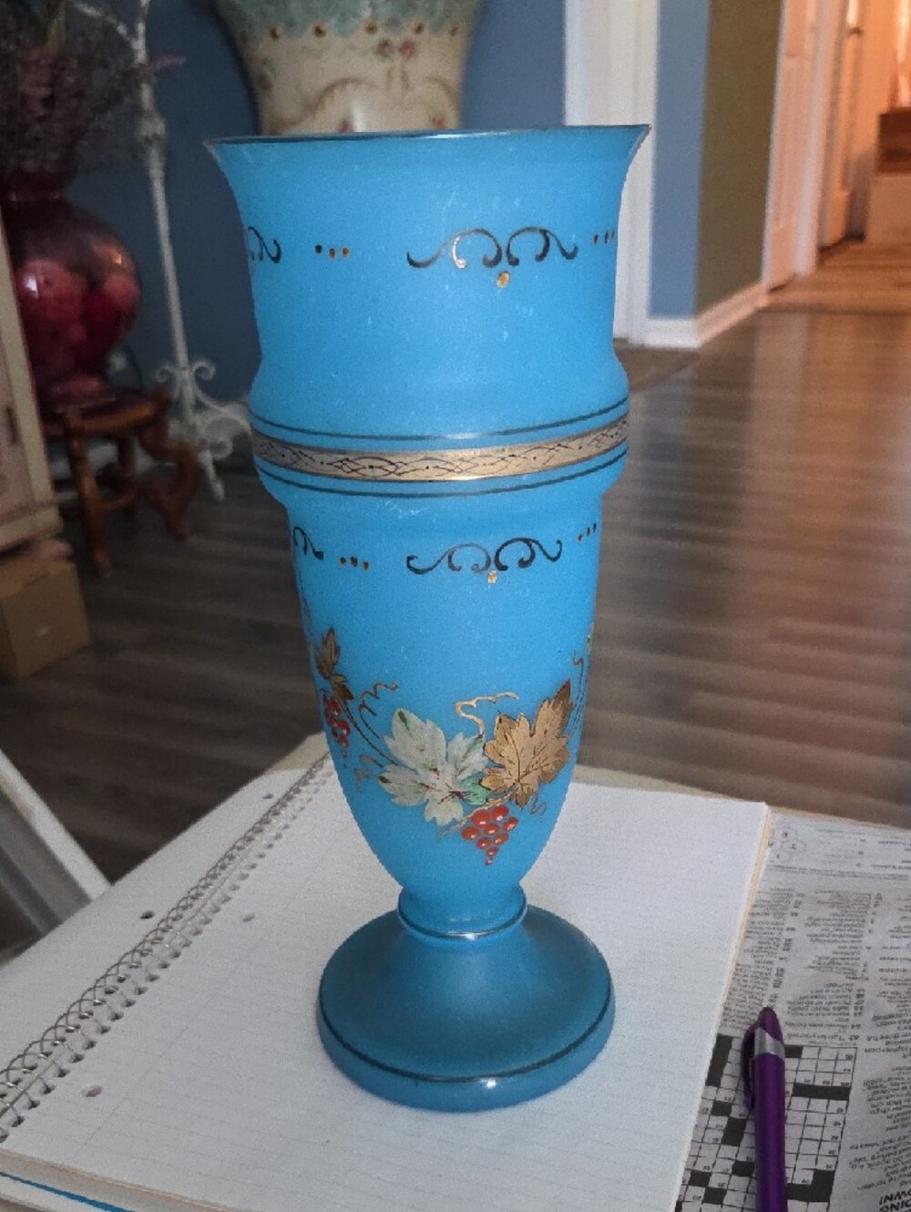 Antique Blue Opaline glass mantle vase with hand painted accents - Picture 2 of 4